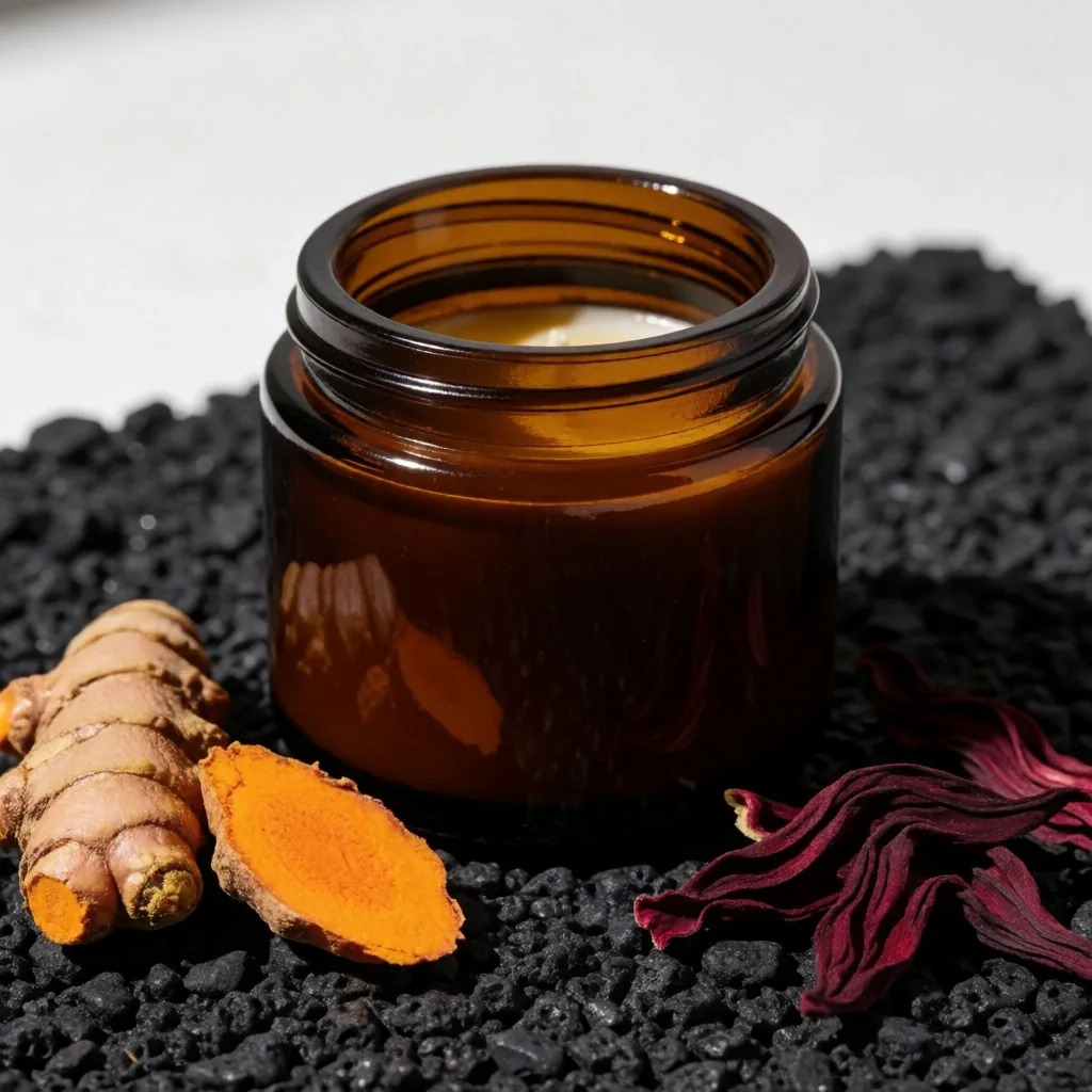 Amber glass supplement jar beside raw botanical ingredients
