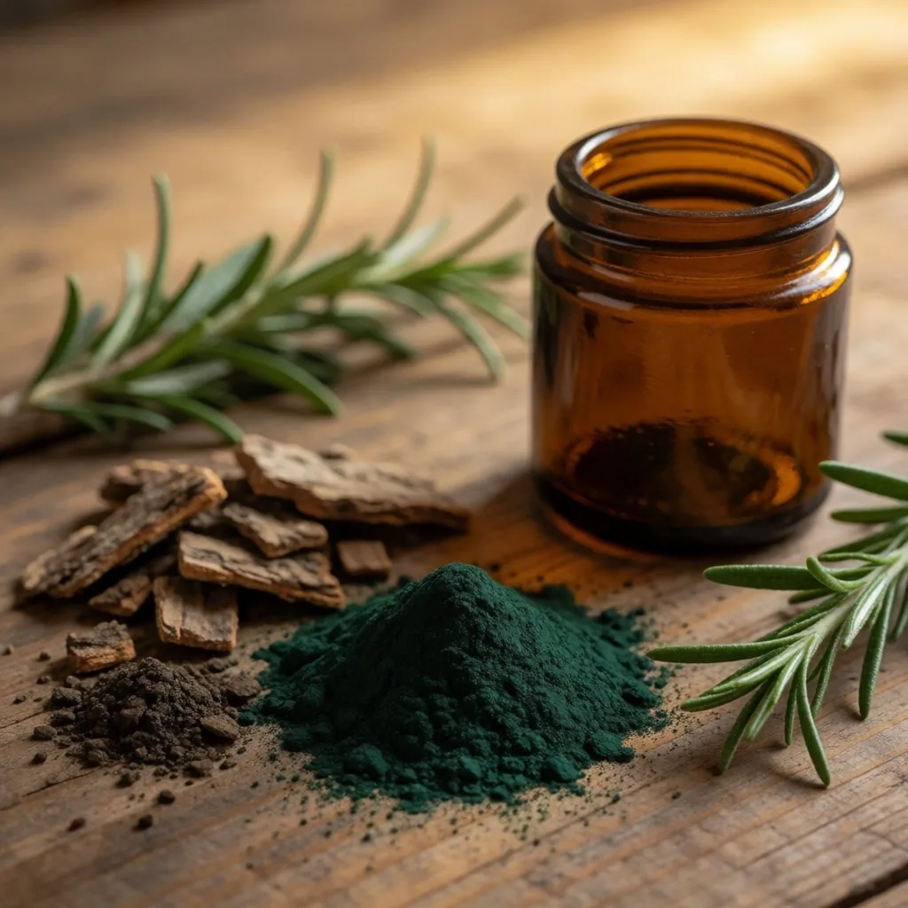 Raw botanical ingredients on a dark surface under warm light