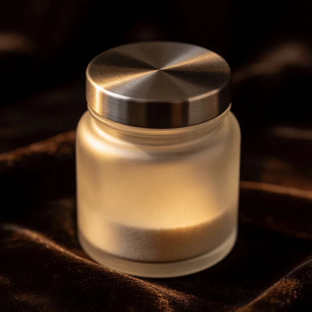 A frosted glass supplement jar on dark fabric
