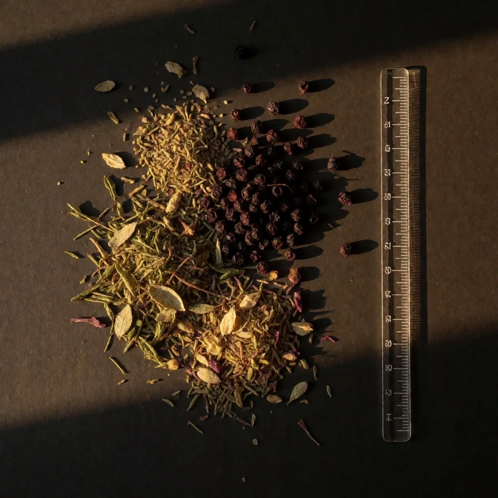 Botanical ingredients on a measuring surface
