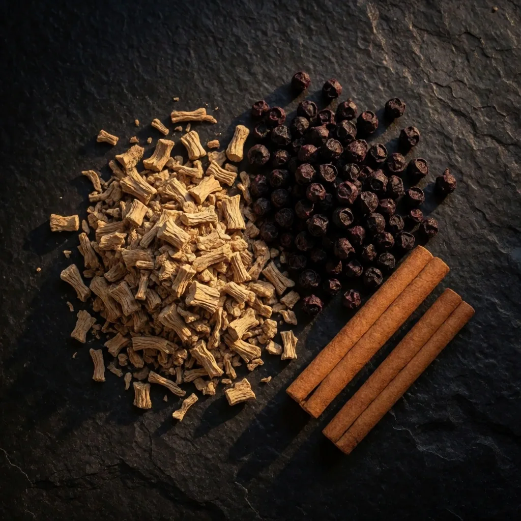 Dried botanical ingredients arranged on a dark surface