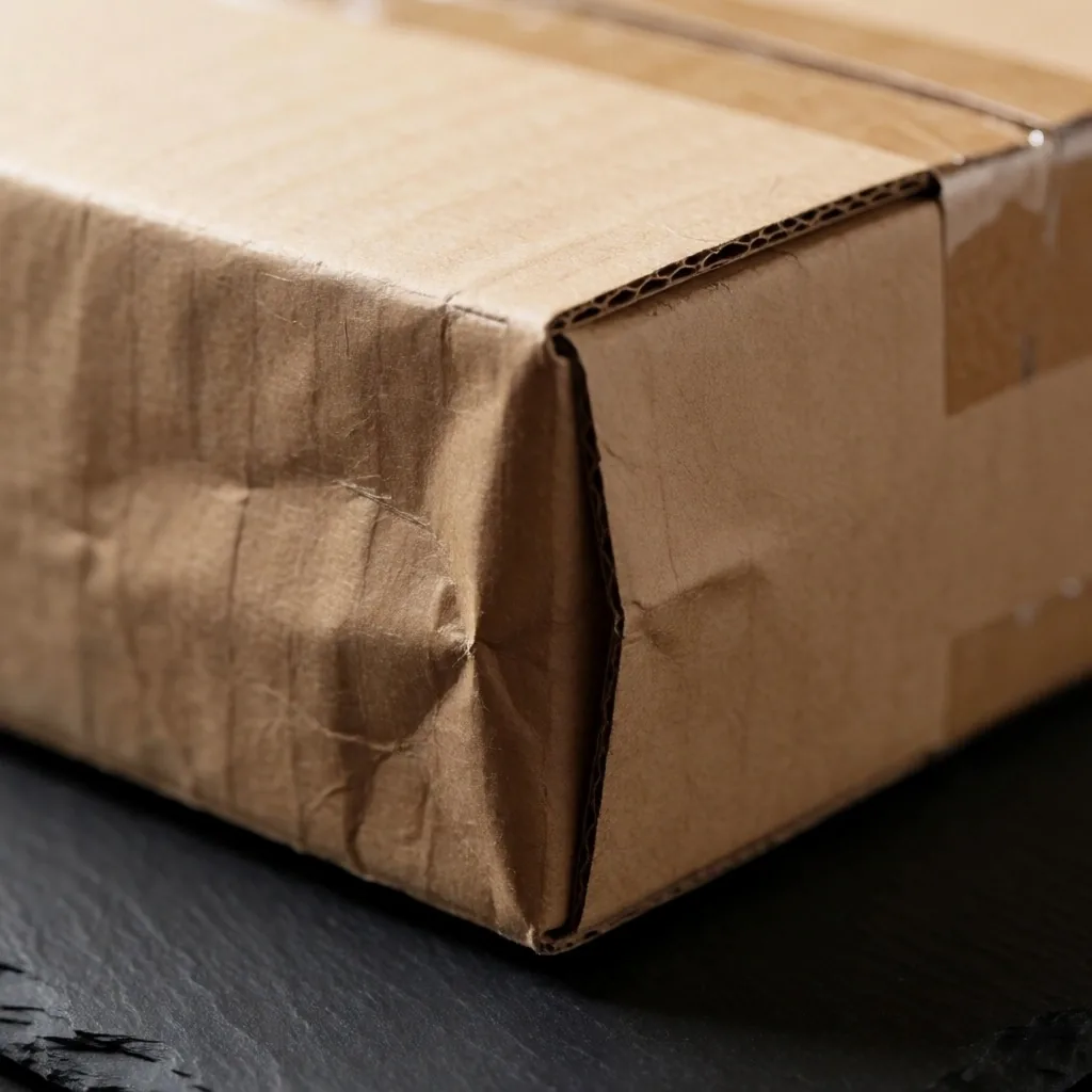 A cardboard shipping box with minor corner wear on a dark surface