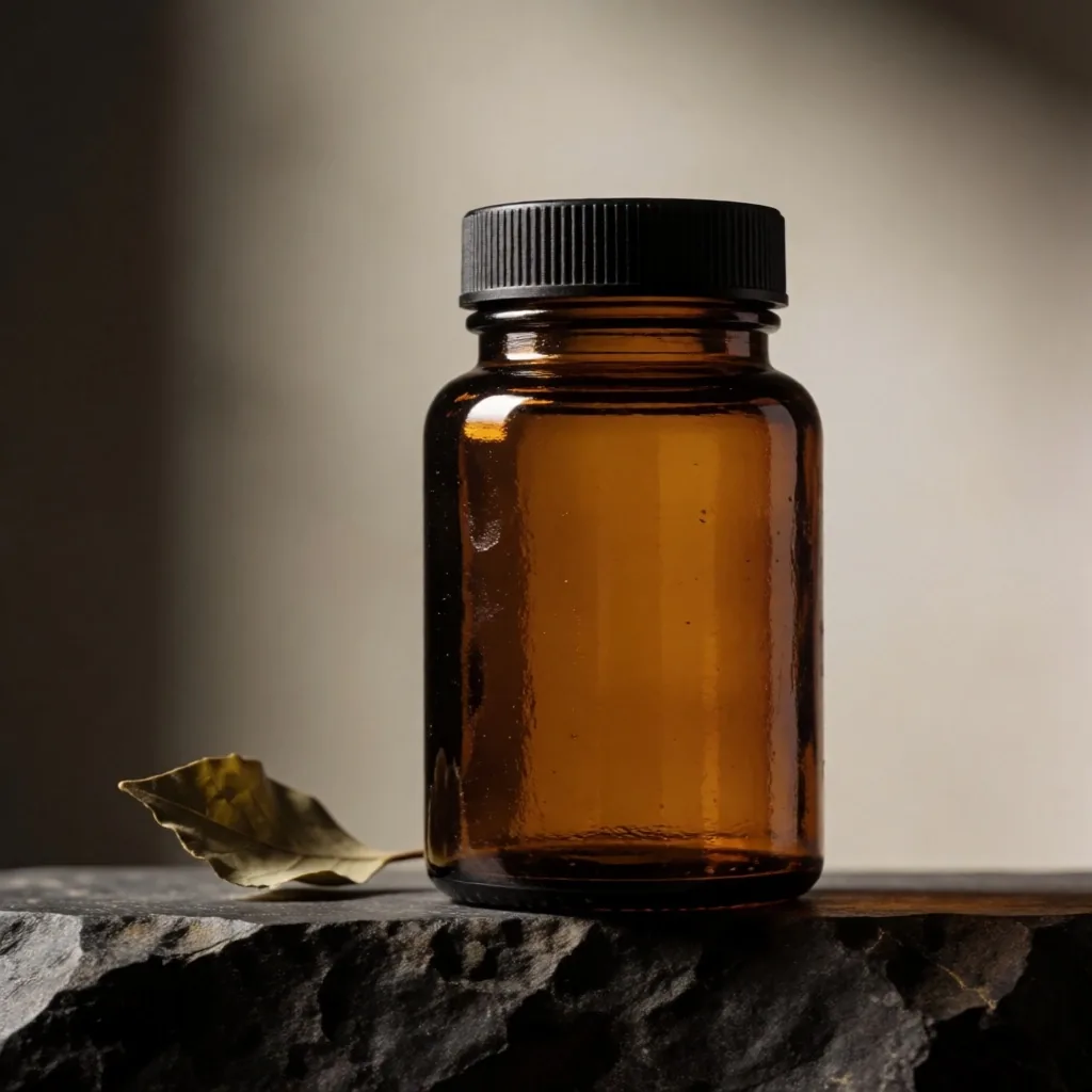 Premium amber glass supplement jar on a dark surface with warm directional light