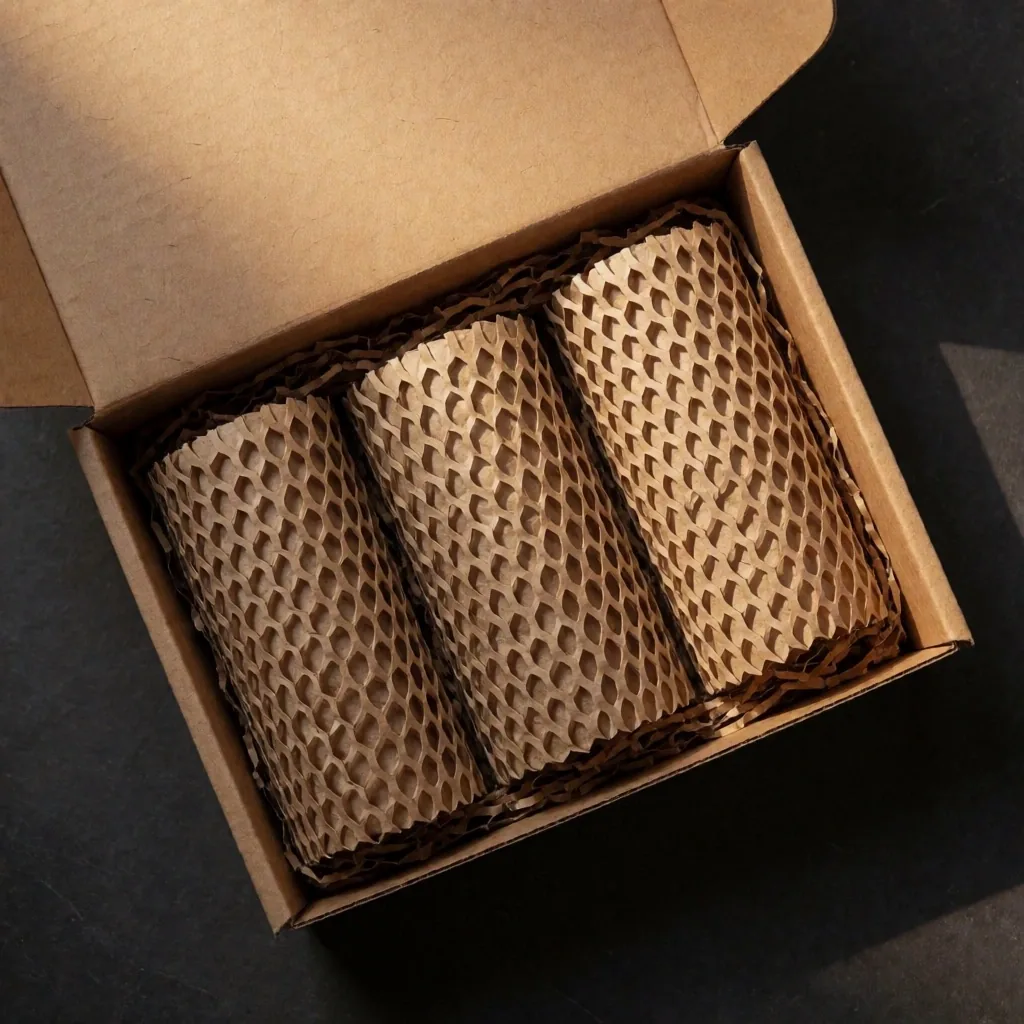 Recyclable packaging materials on a dark surface