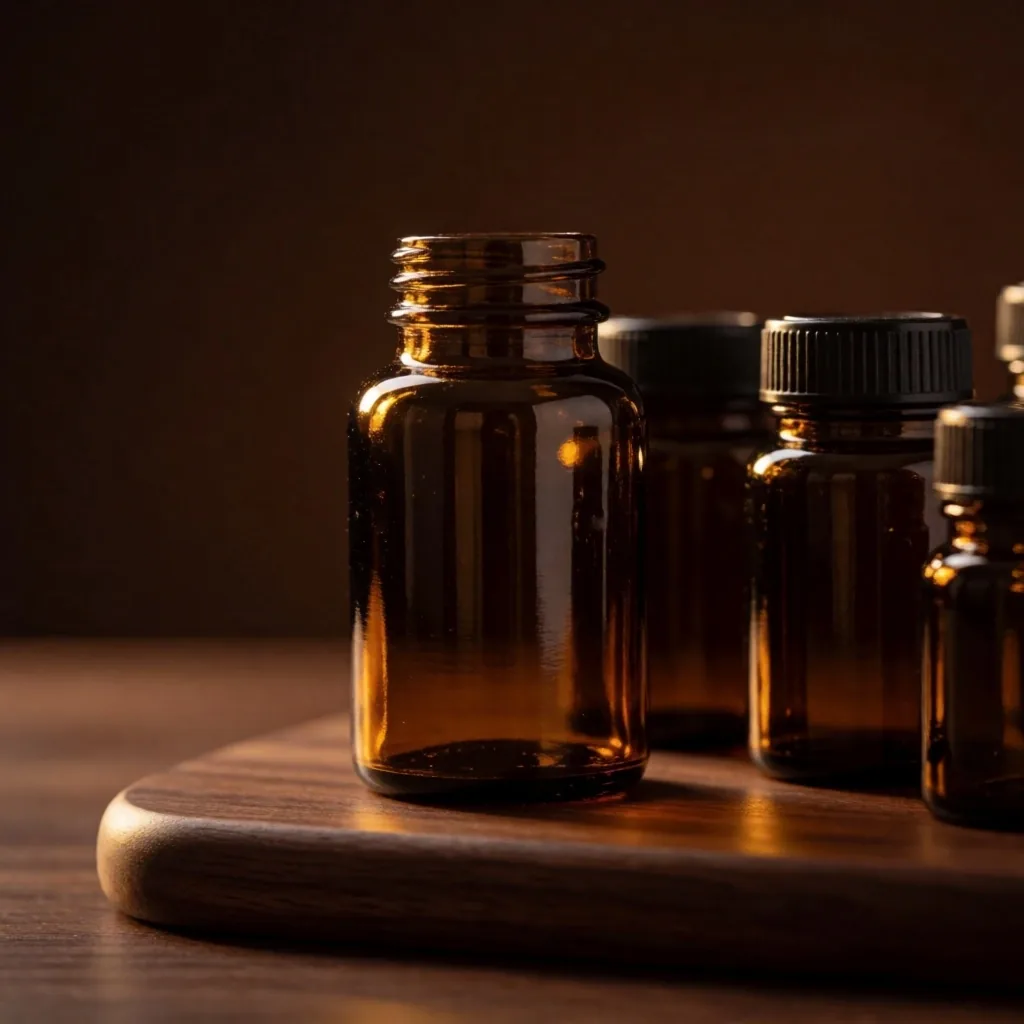 Premium supplement bottles on a dark wooden surface