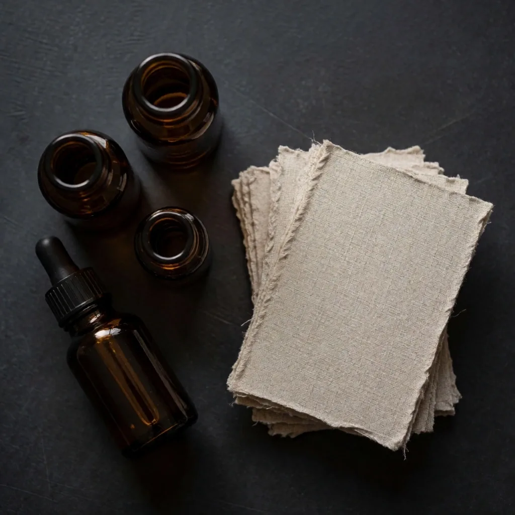 Glass supplement jars on a dark wooden table in warm light